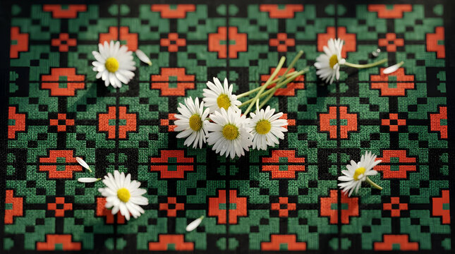 Overhead view of scattered daisies on a traditional Latvian red and green woven textile.