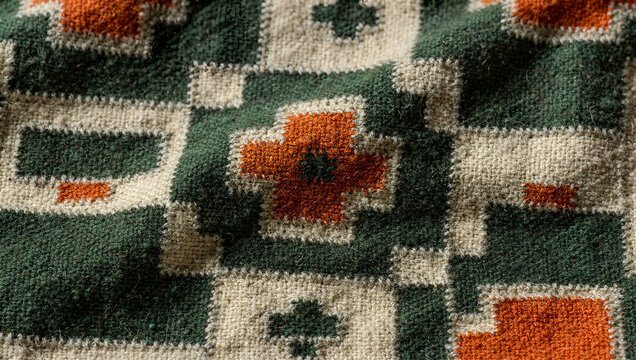 Macro detail of a hand-knitted cream and dark green Latvian wool textile with orange ethnographic folk pattern.