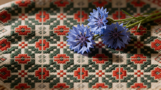 Three blue cornflowers on a cream linen runner with red and green ethnographic pattern, Latvian Midsummer still life.