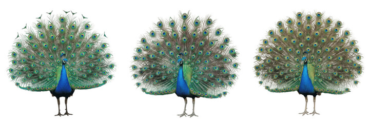 Set and collection of peacock with open feathers isolated on white background