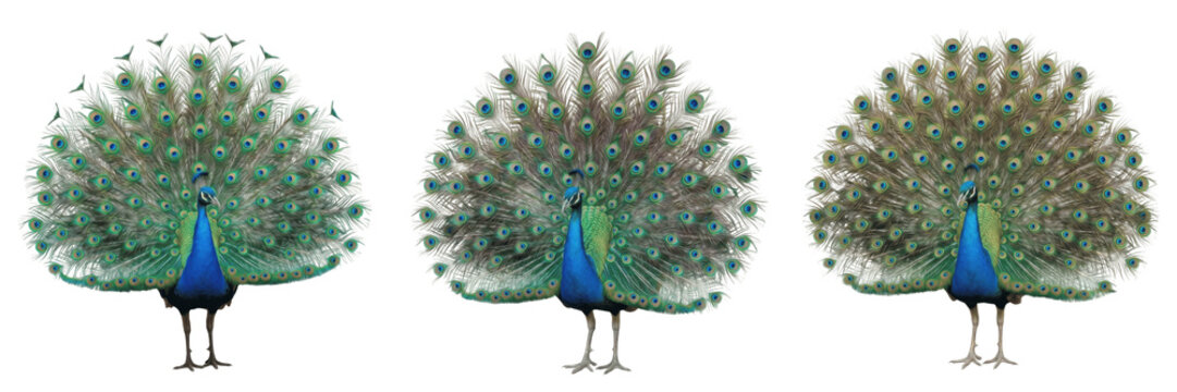 Set and collection of peacock with open feathers isolated on white background