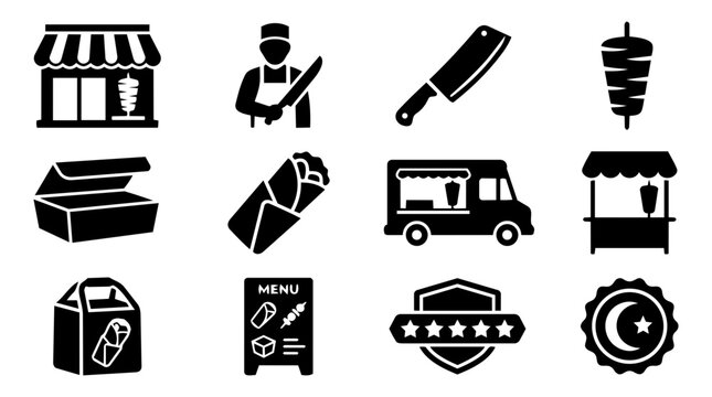 Kebab Shop and Middle Eastern Street Food Silhouette Icon Set &ndash; D&ouml;ner Restaurant, Food Truck and Takeaway