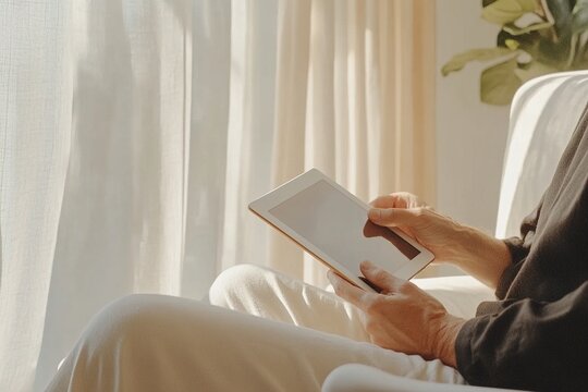 Relaxing in a sunlit room, a person enjoys reading on a tablet while basking in the gentle glow of morning light