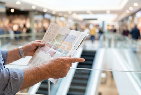 Man hands holding and reading a paper floor plan directory map inside a modern shopping mall