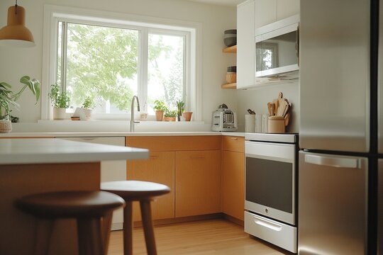 Modern kitchen filled with natural light showcasing elegant design and vibrant plants in a cozy space