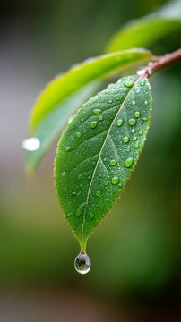 Water droplet journey on a vibrant green leaf in nature's serenity