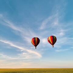 Fototapeta premium Colorful Hot Air Balloons Float in the Sky During a Sunny Day Above a Green Field in the Afternoon