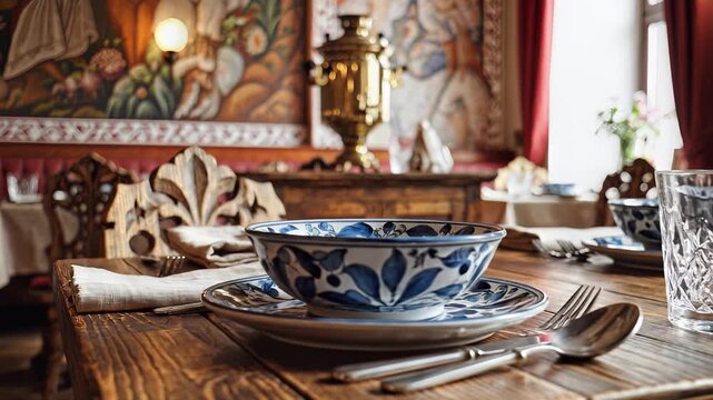 Traditional Russian Dining Table Setting with Samovar and Ornate Bowl.