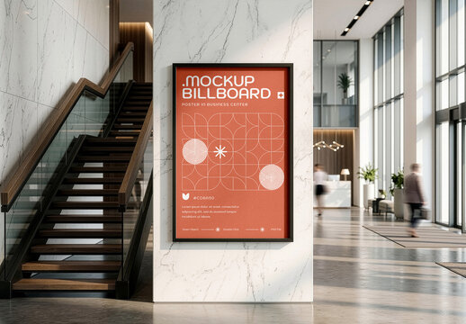 Vertical Poster Mockup In Business Center Hall. Modern Interior Wall Poster Frame