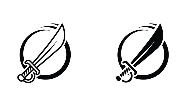 Curved scimitar sword icon in outline and solid black vector style for fantasy and historical weapon concept graphic elements isolated on white background