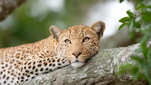 Majestic leopard resting on tree branch amid serene green foliage in natural habitat