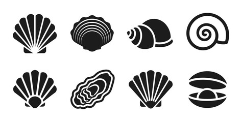 8 Seashell silhouette icons scallop oyster pearl snail, solid black style, marine life nature set © pixostudio