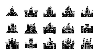 15 Sandcastle silhouette icons beach towers flags, solid black style, summer vacation travel © pixostudio