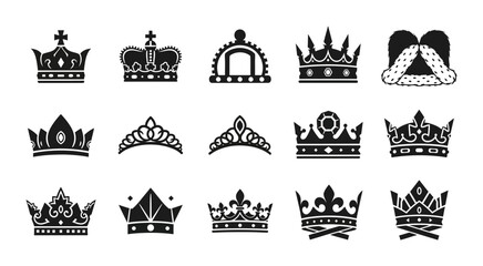 15 Royal Crown silhouette icons tiara diadem headwear, solid black style, monarchy jewelry set © pixostudio