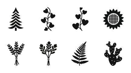 8 Nature silhouette icons sunflower cactus fern pine tree, solid black style, botanical garden set © pixostudio