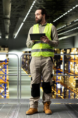 Obraz premium Adult man working on tablet on warehouse platform in distribution center, checking shipment and transportation details. Managing cargo and logistics for order fulfillment and control.