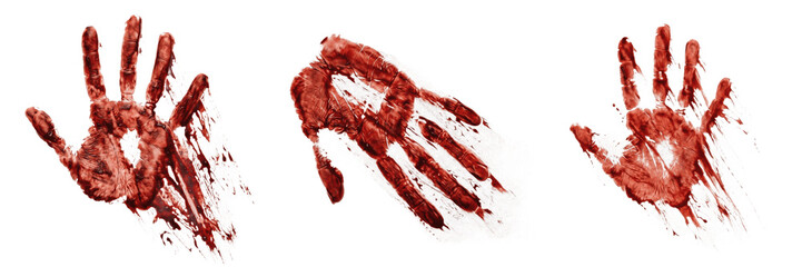 Set and collection of red bloody handprint isolated on white background