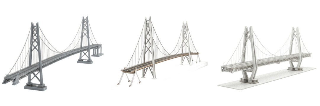 Set and collection of silver suspension bridge model isolated on white background