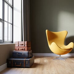 Naklejka premium Yellow Chair Stands Beside Stacked Luggage in a Bright Room With Large Windows During the Daytime