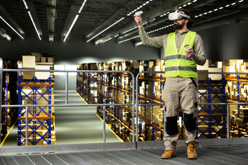 Obraz premium Warehouse employee, VR goggles, interacting with 3D, virtual interface, logistics operations. Staff using metaverse technology and AI-powered tracking platforms, virtual reality AI tools.