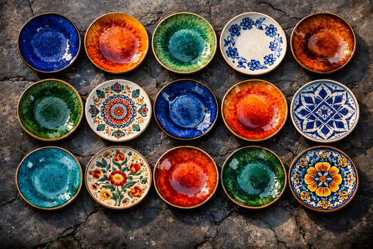 Collection of vibrant handcrafted ceramic bowls on a textured stone surface