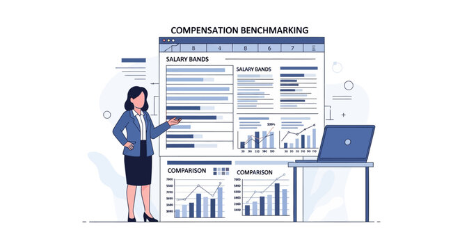 Compensation benchmarking analysis with businesswoman and performance charts