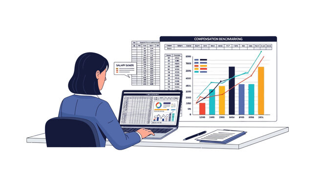 Employee analyzing salary data and compensation trends on digital dashboard