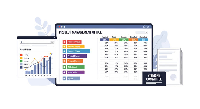 Project management dashboard with risk matrix and progress tracker