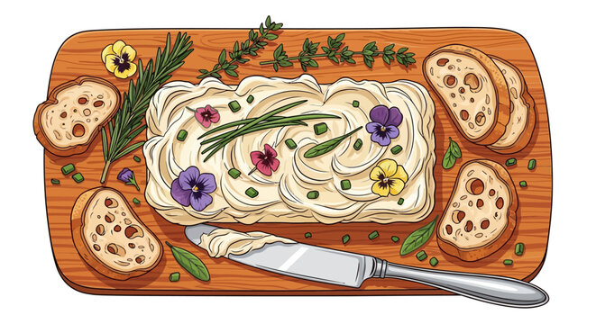 Rustic butter board with herb garnish and sliced bread on wooden board