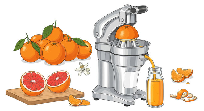 Juicer machine and fresh citrus fruits with orange juice on white background