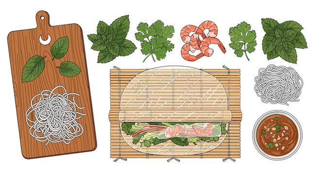 Vietnamese spring roll preparation with fresh herbs and ingredients