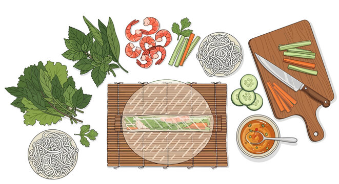 Flat design of vietnamese spring roll ingredients and preparation with fresh herbs and vegetables