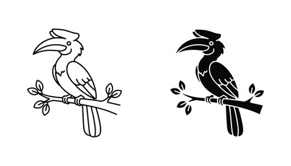 Hornbill bird sitting on branch silhouette and outline vector illustration isolated on white background for nature and tropical wildlife themes © Lucid