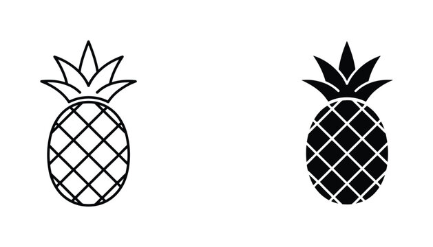 Minimalist pineapple fruit vector icons in black line art and solid silhouette styles for tropical food design projects