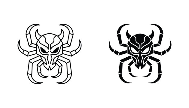 Abstract mechanical spider monster logo symbol in outline and solid black silhouette variations