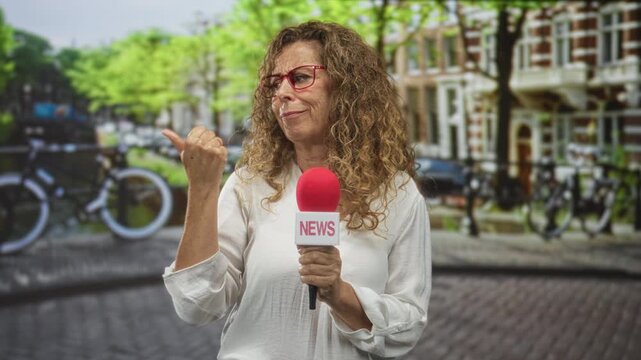 Woman reporter holding red microphone and wearing red glasses points thumb over shoulder on a cobblestone street by a canal with bicycles and brick buildings; amused commentary.