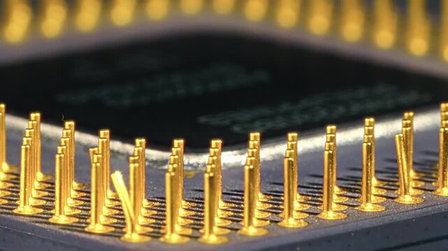 Macro shot of CPU processor gold pins with one bent pin, rotating view showing pin grid array and electronic components. Extreme close-up 