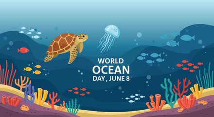 World ocean day illustration with sea turtle jellyfish and coral reef © 47 Visual