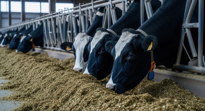 Holstein cows eating feed in modern farm barn