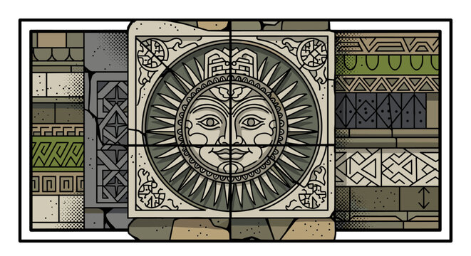Aztec sun stone design with geometric patterns in vintage linear style