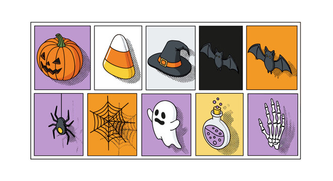 Colorful halloween icons: pumpkin, ghost, witch hat, skeleton hand, candy corn, spider, web, bat