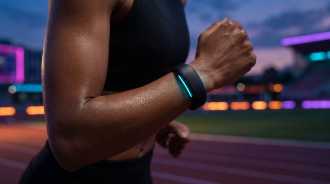Sleek screenless biometric wearable tracking health data on an athlete's arm at dusk
