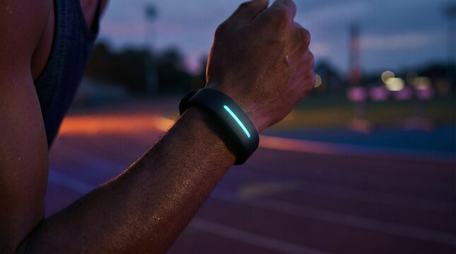 Sleek screenless biometric wearable tracking health data on an athlete's arm at dusk
