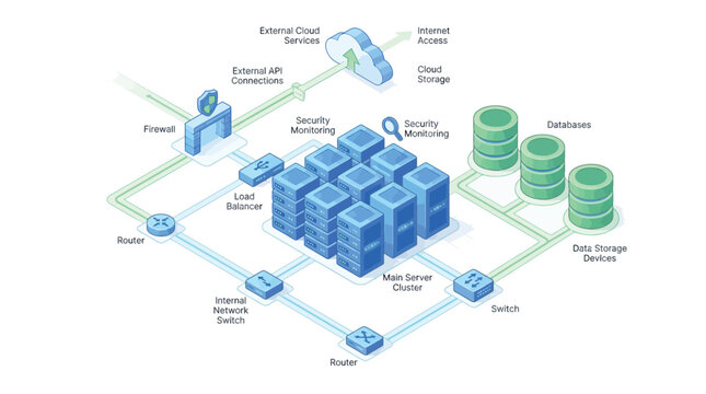 Isometric network architecture diagram showing interconnected servers and cloud infrastructure components for modern data center management
