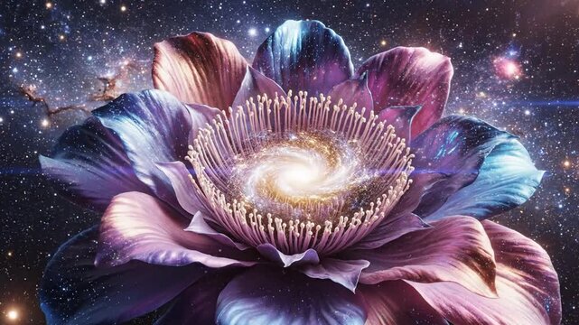 Cosmic Lotus Flower Blooming Digital Animation Purple Iridescent Petals Opening To Reveal Spiral Galaxy In Deep Space