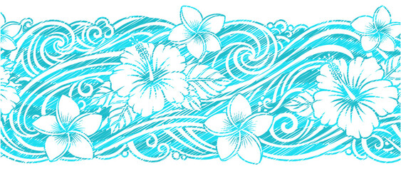 Tropical Hibiscus and Plumeria Floral Background with Ocean Waves, Summer Illustration © Satoru Sketches