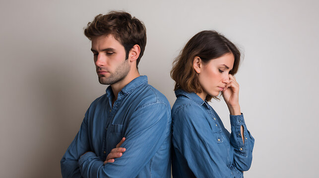 Serious couple dressed in denim shirts stand back to back, lost in thought against a neutral background, highlighting relationship conflict