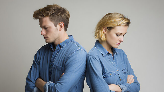 Serious couple with traditional gender roles stand back-to-back, portray emotional distance and communication issues for therapy and relationship content