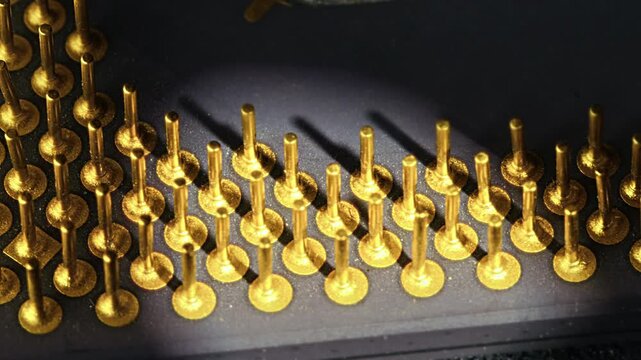 CPU processor gold pins illuminated under spotlight on dark background, macro close-up revealing warm golden glow and dramatic shadows on pin grid array