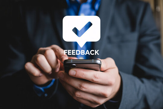 Feedback and review concept with businessman using smartphone, mobile app icon